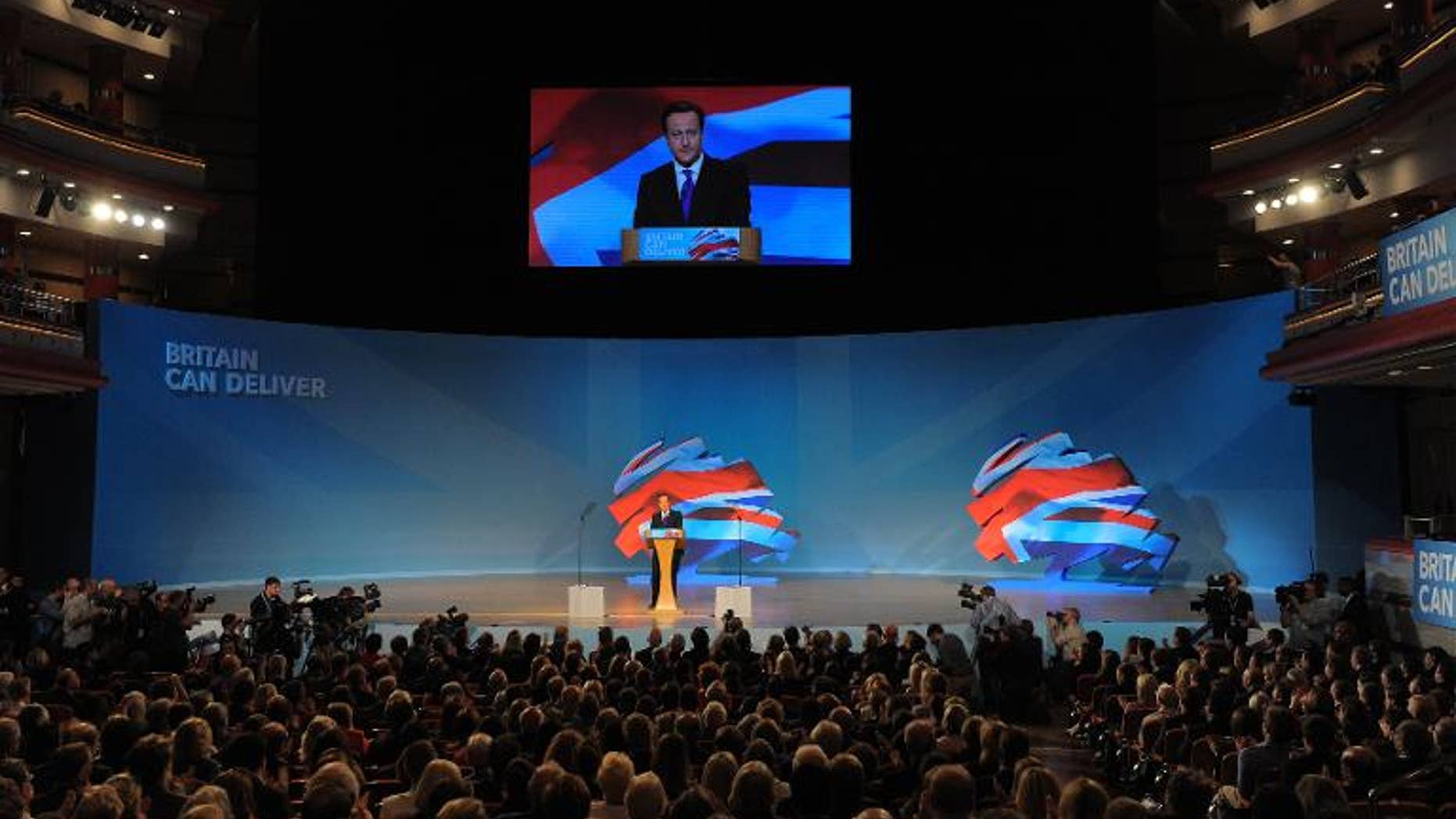 Prime Minister, David Cameron, Leader of the Conservative Party delivers a speech to delegates during the annual Conservative Party Conference at the ICC in Birmingham, on October 10, 2012