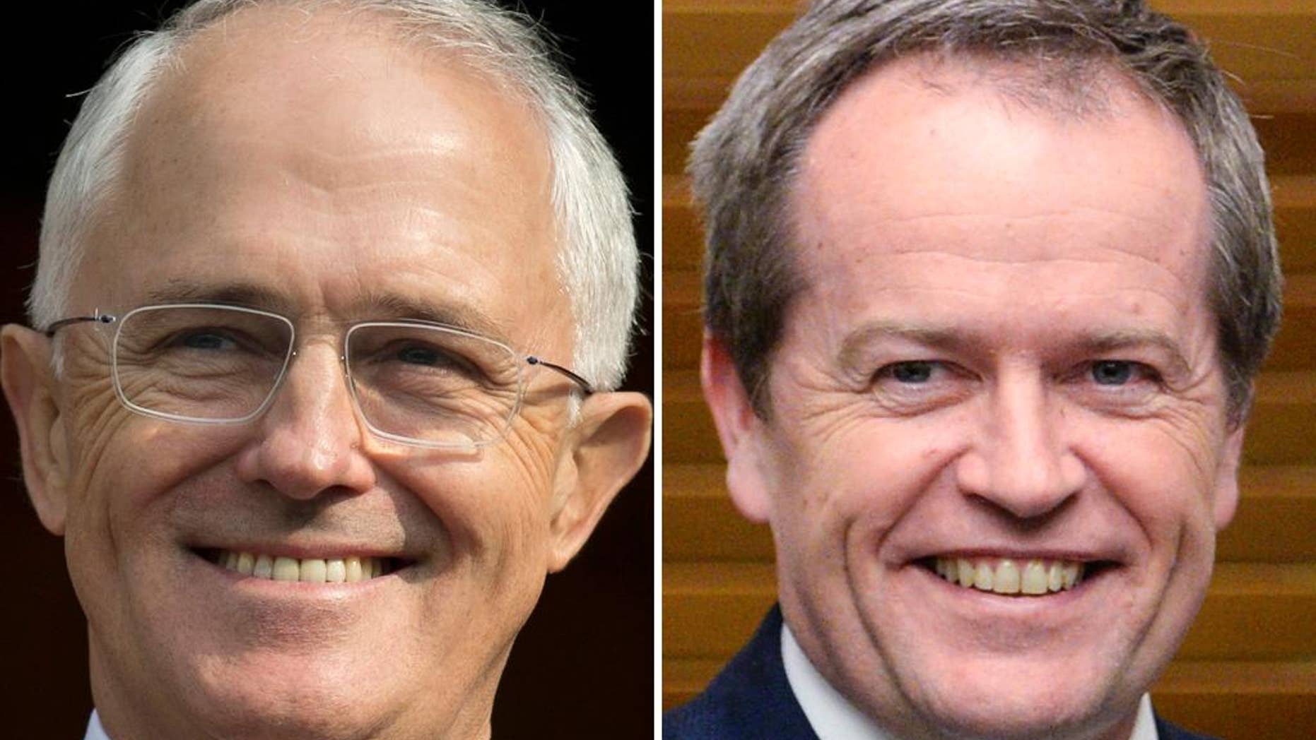 FILE - This combination of file photos from April 15, 2016, and July 8, 2014, shows Australian Prime Minister Malcolm Turnbull, left, and Australian opposition leader Bill Shorten. Australian independent Sen. Nick Xenophon compared his country’s contest to the widely popular 1990s American sitcom 'Seinfeld,' known as a “show about nothing.” In his comparison he says, “This is almost a ‘Seinfeld’ election _ it's an election about not much at all.” (AP Photo/Files)