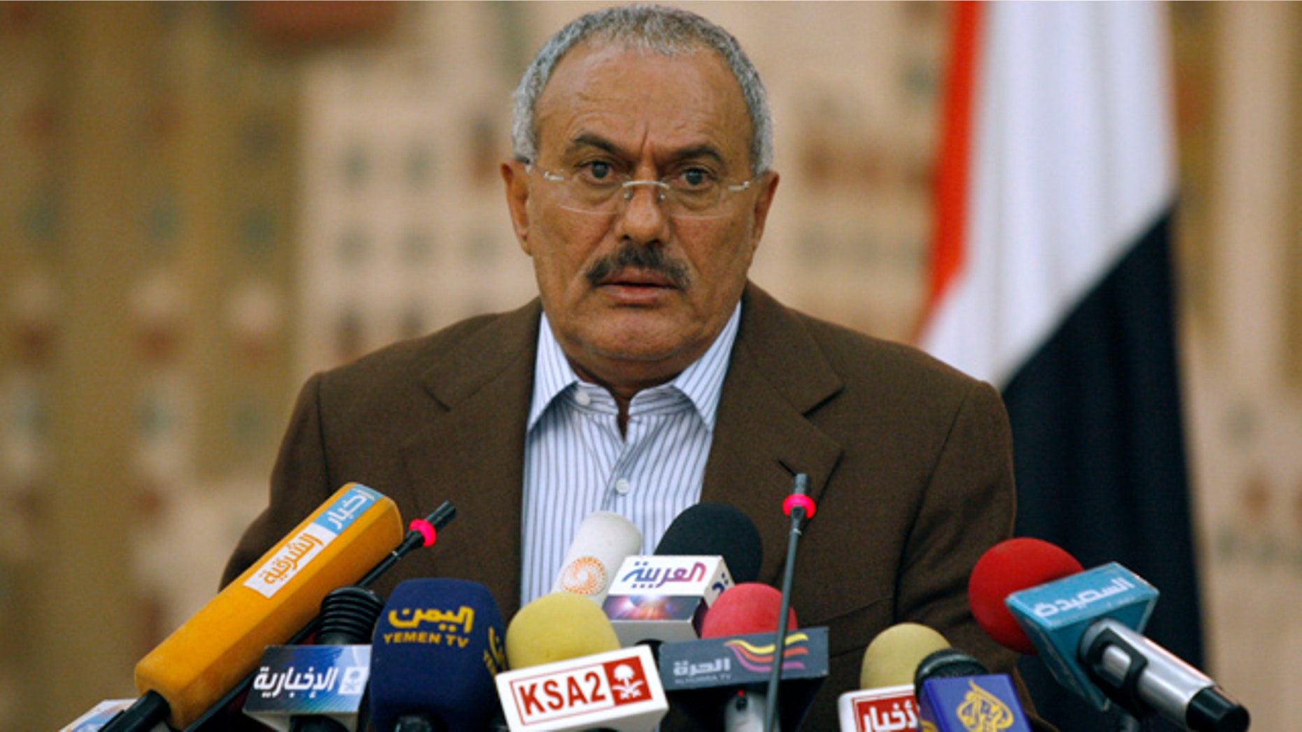 March 18: Yemeni President Ali Abdullah Saleh looks on during a media conference in Sanaa, Yemen.