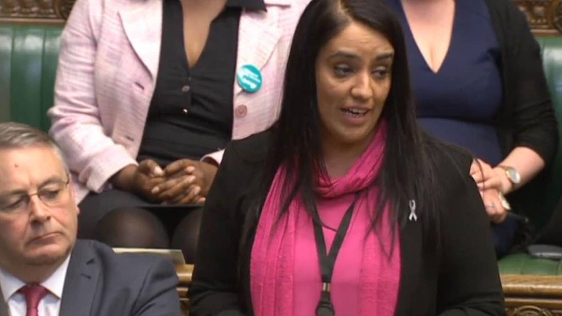 Britain's Labour MP Naz Shah makes a statement in the House of Commons, London, Wednesday April 27, 2016. Britain's main opposition Labour Party has suspended Shah for making anti-Israel posts on social media before she was elected to Parliament. (Parliament TV/ PA via AP) UNITED KINGDOM OUT - NO SALES - NO ARCHIVES