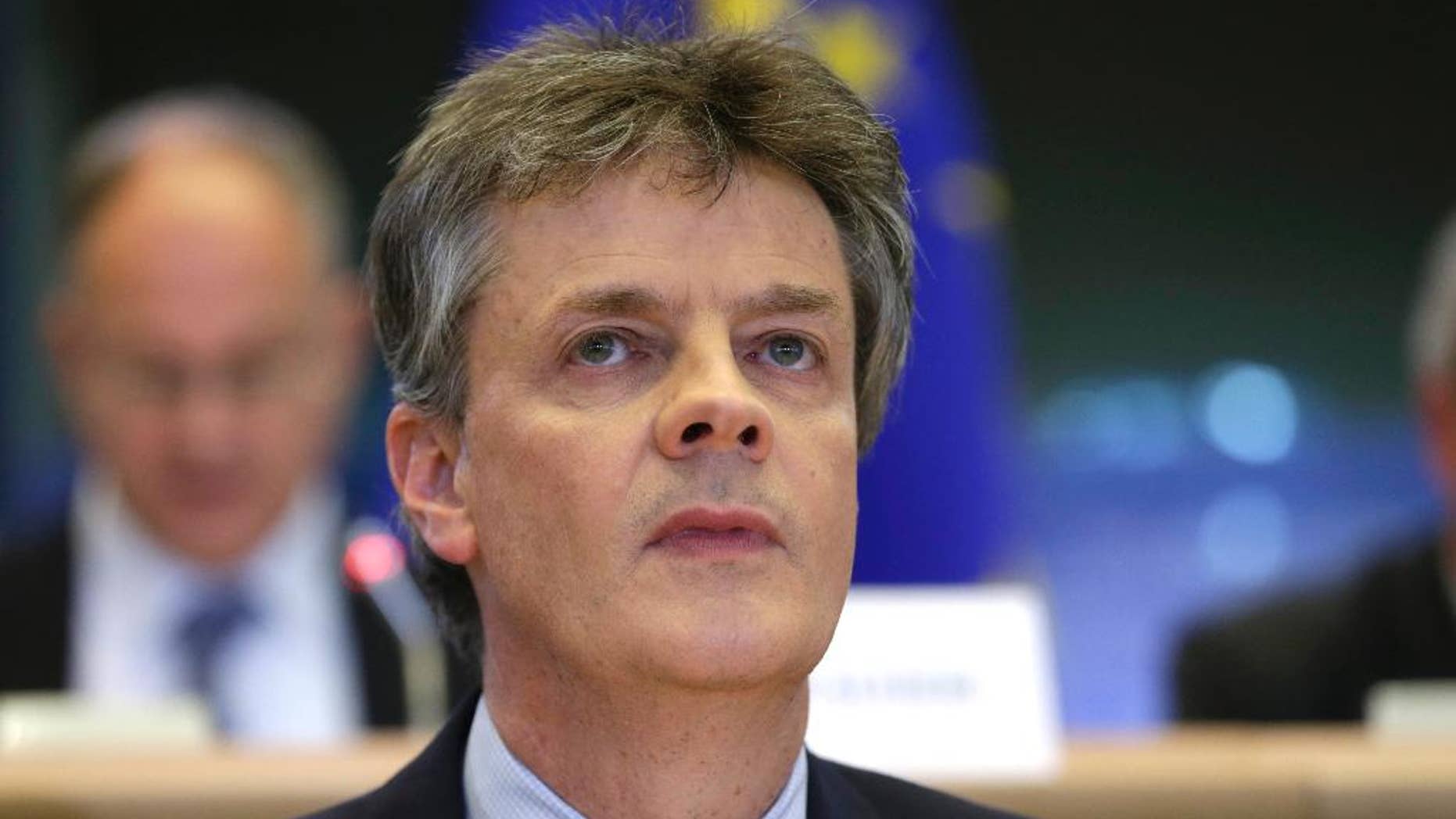 FILE - In this Oct. 7, 2014 file photo, European Union Commissioner for Financial Stability, Financial Services and Capital Markets Union Jonathan Hill speaks at the European Parliament in Brussels, on Tuesday, Oct. 7, 2014. EU Commissioner Hill announced in a statement on Saturday, June 25, 2016, that he would resign after UK voted to leave the EU. (AP Photo/Yves Logghe, File)