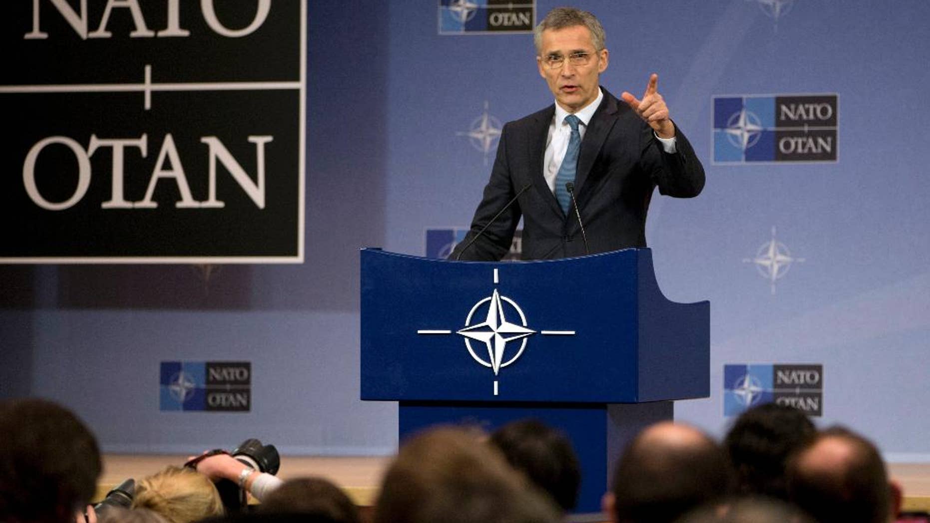 NATO Secretary General Jens Stoltenberg speaks during a media conference at NATO headquarters in Brussels on Tuesday, Feb. 14, 2017. NATO defense ministers will begin a two-day ministerial beginning on Wednesday. (AP Photo/Virginia Mayo)