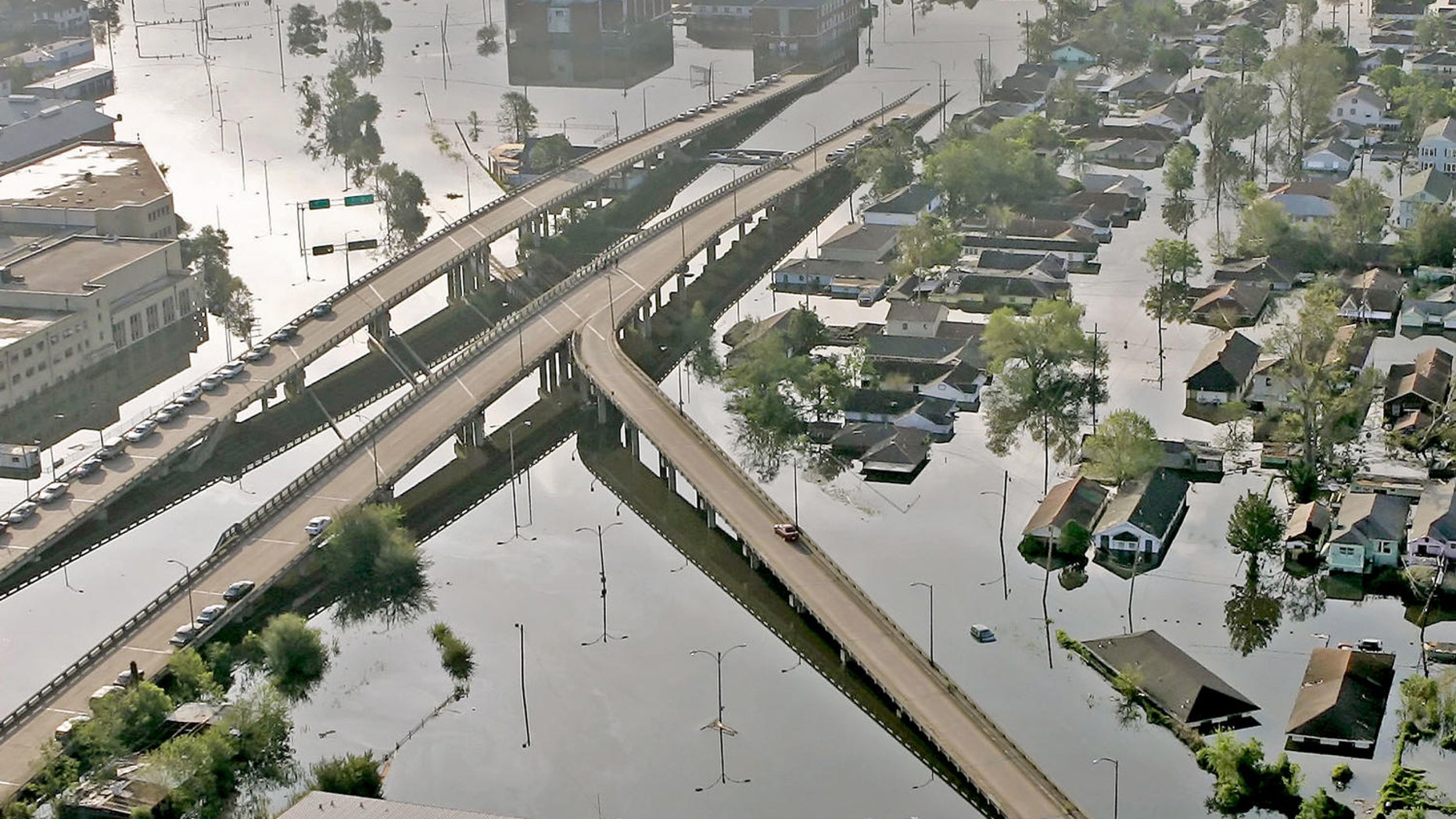 Aug. 30, 2005: Floodwaters from Hurricane Katrina fill the streets near downtown New Orleans.