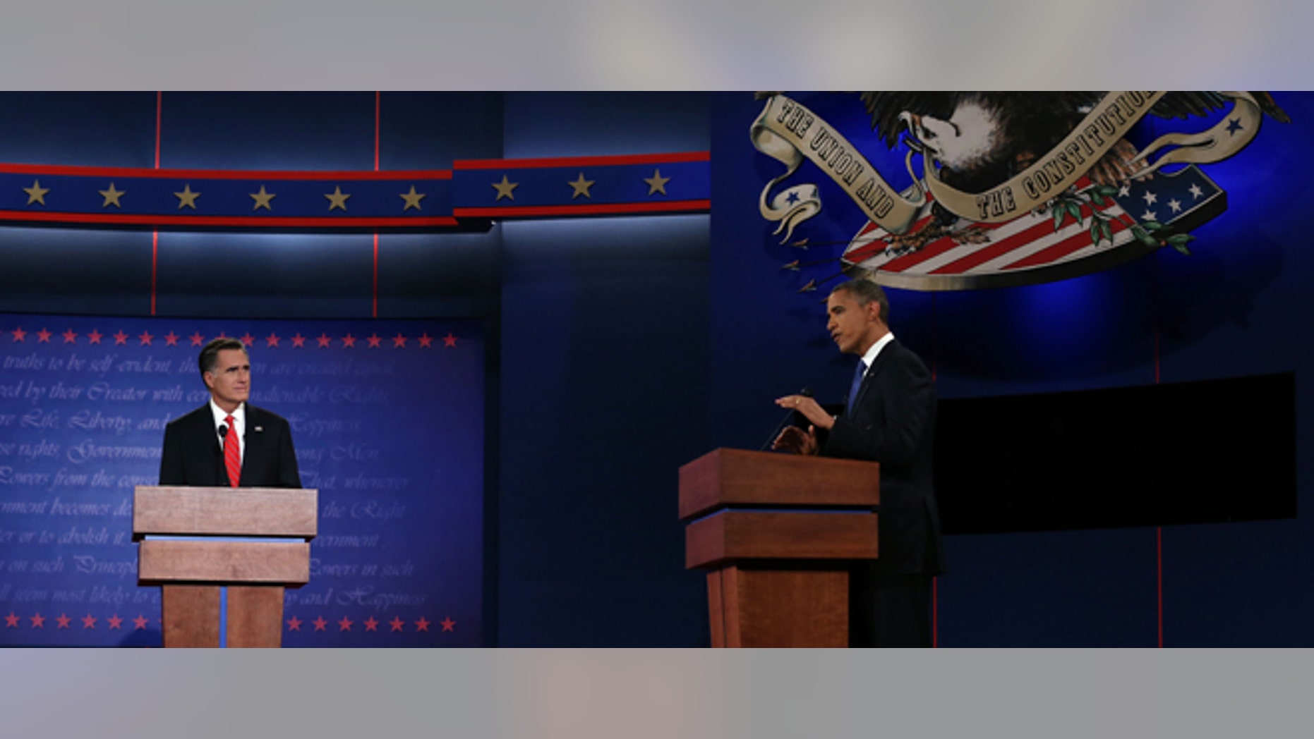 DENVER, CO - OCTOBER 03: Democratic presidential candidate, U.S. President Barack Obama (R) speaks as Republican presidential candidate, former Massachusetts Gov. Mitt Romney listens during the Presidential Debate at the University of Denver on October 3, 2012 in Denver, Colorado. The first of four debates for the 2012 Election, three Presidential and one Vice Presidential, is moderated by PBS's Jim Lehrer and focuses on domestic issues: the economy, health care, and the role of government. (Photo by Justin Sullivan/Getty Images)