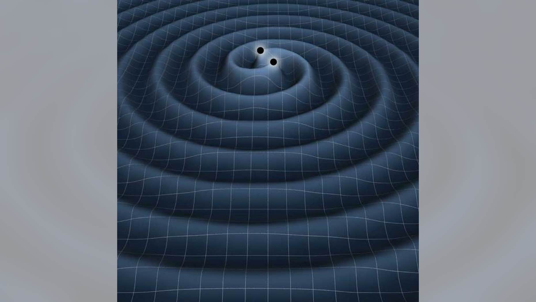 This illustration depicts the gravitational waves generated by two black holes orbiting each other.