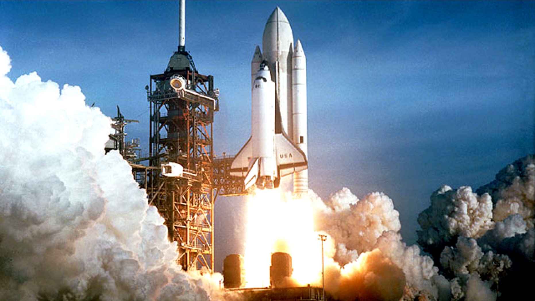 The shuttle Columbia lifts off on the first space shuttle mission ever, STS-1, on April 12, 1981.