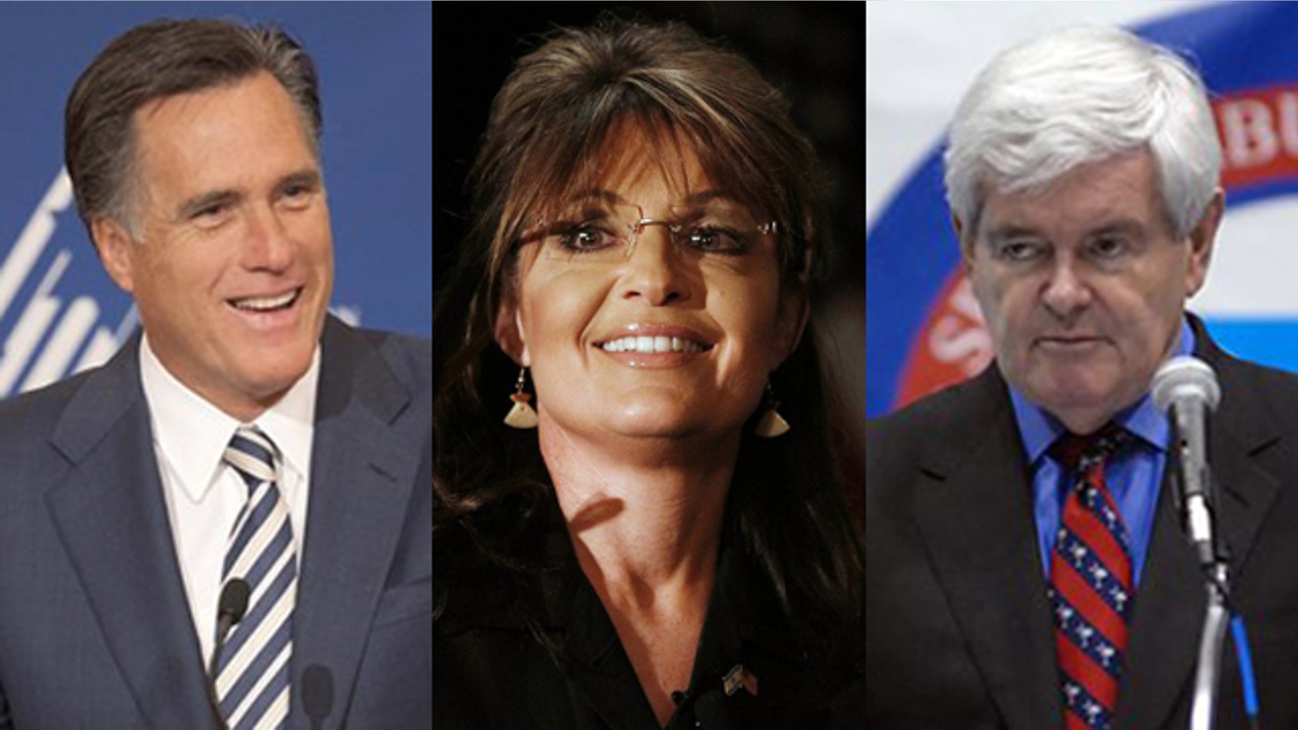 Shown here are former Massachusetts Gov. Mitt Romney, left, former Alaska Gov. Sarah Palin, center, and former House Speaker Newt Gingrich.