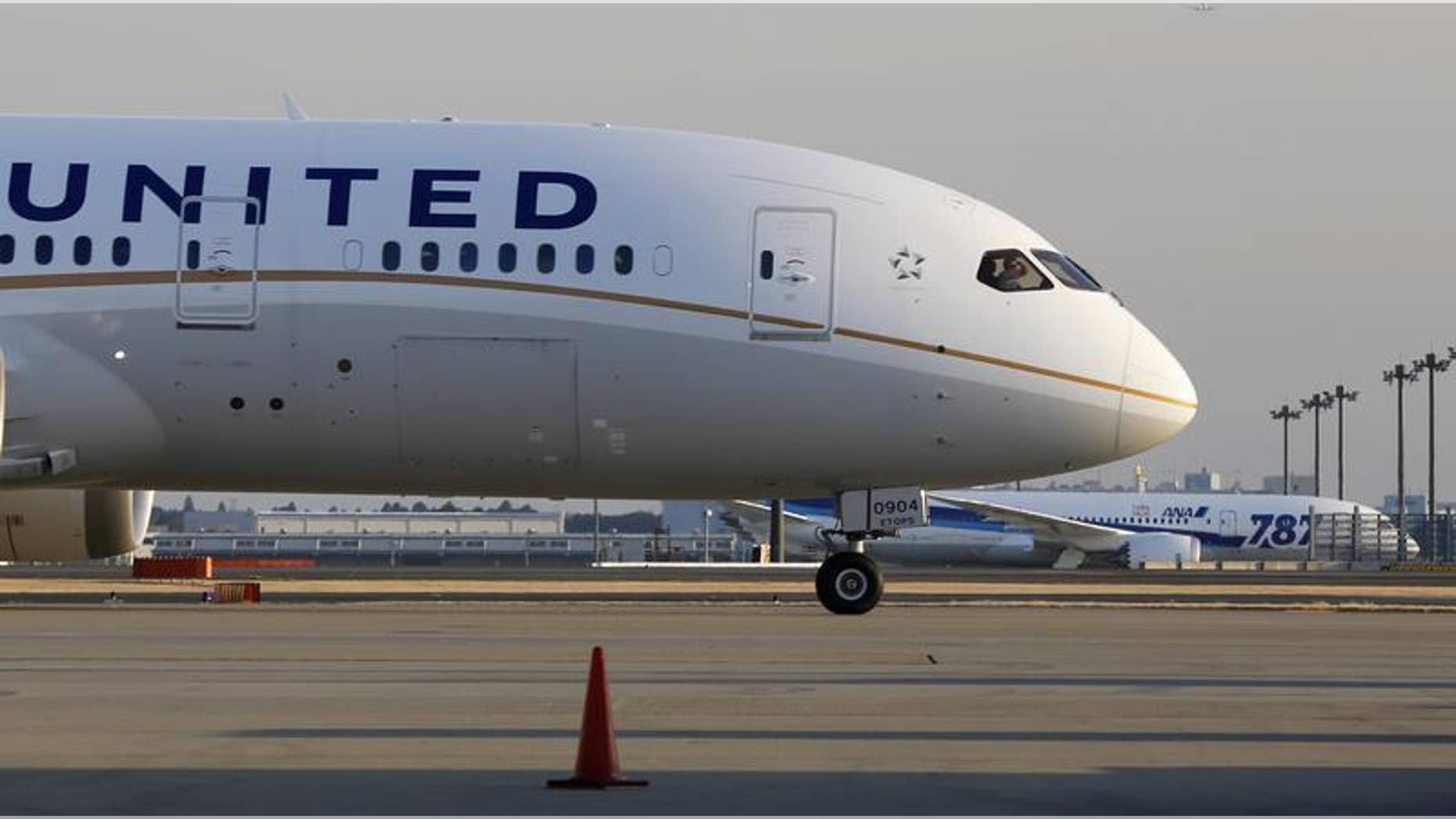 A United Airlines' Boeing Co's 787 Dreamliner plane (front) taxis after landing following its flight from Los Angeles, in front of an All Nippon Airways' (ANA) Boeing Co's 787 Dreamliner plane waiting for checks at New Tokyo international airport in Narita, east of Tokyo January 17, 2013. REUTERS/Toru Hanai