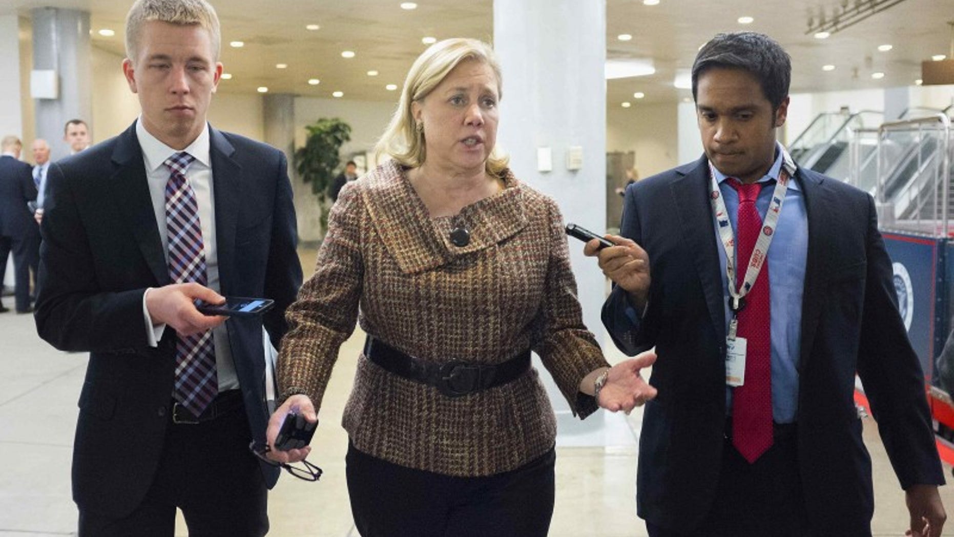 Senator Mary Landrieu (D-LA) speaks to reporters after the Democratic weekly policy luncheon on Capitol Hill in Washington January 28, 2014. REUTERS/Joshua Roberts
