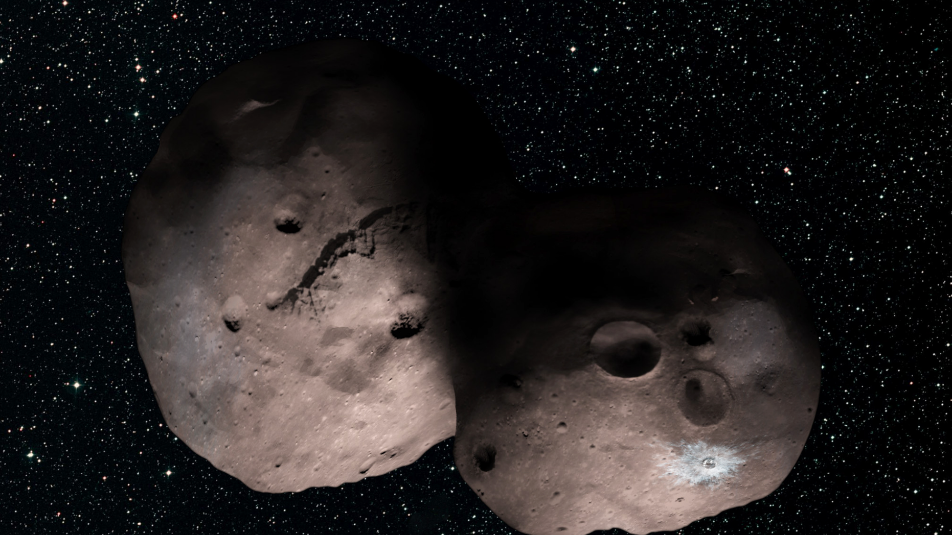 Artist’s illustration of the Kuiper Belt object 2014 MU69, the next flyby target for NASA’s New Horizons mission. This binary concept is based on telescope observations made from Argentina on July 17, 2017 when MU69 passed in front of a star. New Horizons scientists theorize that MU69 could be a single body with a large chunk taken out of it, or two bodies that are close together or even touching.