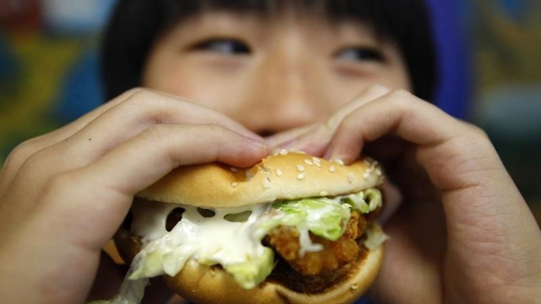 A boy poses with a chicken burger at a fast food outlet in Taipei January 29, 2010. REUTERS/Nicky Loh