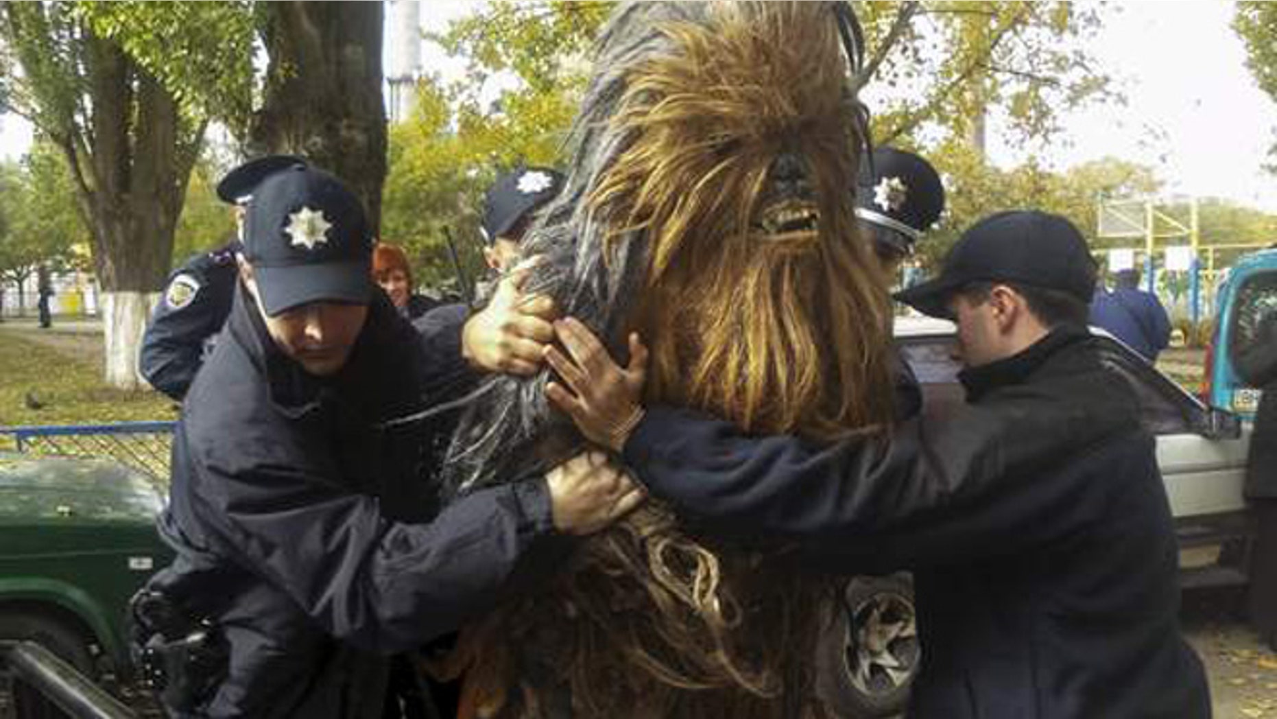The Wookiee was handcuffed and detained after supporting Darth Vader's bid to be elected as Mayor of Odessa.