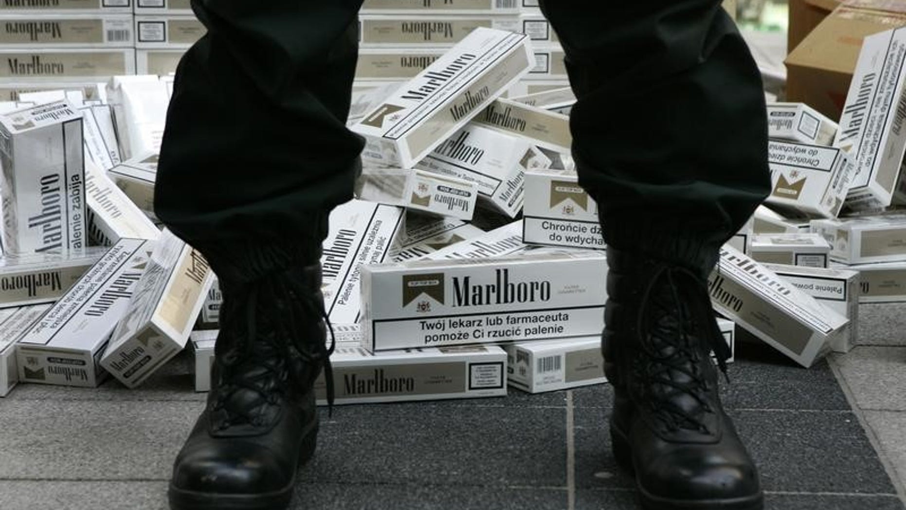 A German customs officer stands in front of confiscated cigarettes before the customs annual news conference in Munich March 13, 2007. REUTERS/Michaela Rehle