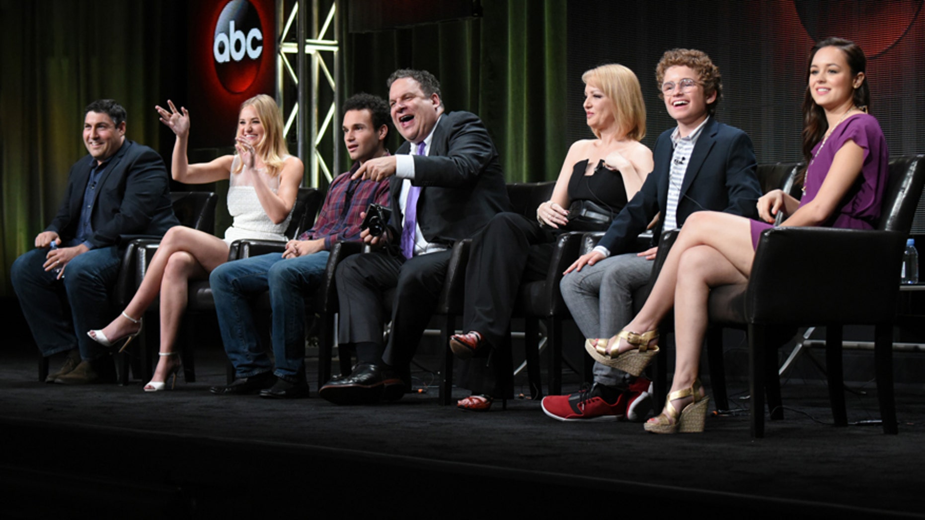 Creator/Executive Producer Adam Goldberg, from left, AJ Michalka, Troy Gentile, Jeff Garlin, Wendi McLendon-Covey, Sean Giambrone and Hayley Orrantia participate in "The Goldbergs" panel at the Disney/ABC Summer TCA Tour at the Beverly Hilton Hotel on Tuesday, Aug. 4, 2015, in Beverly Hills, Calif.