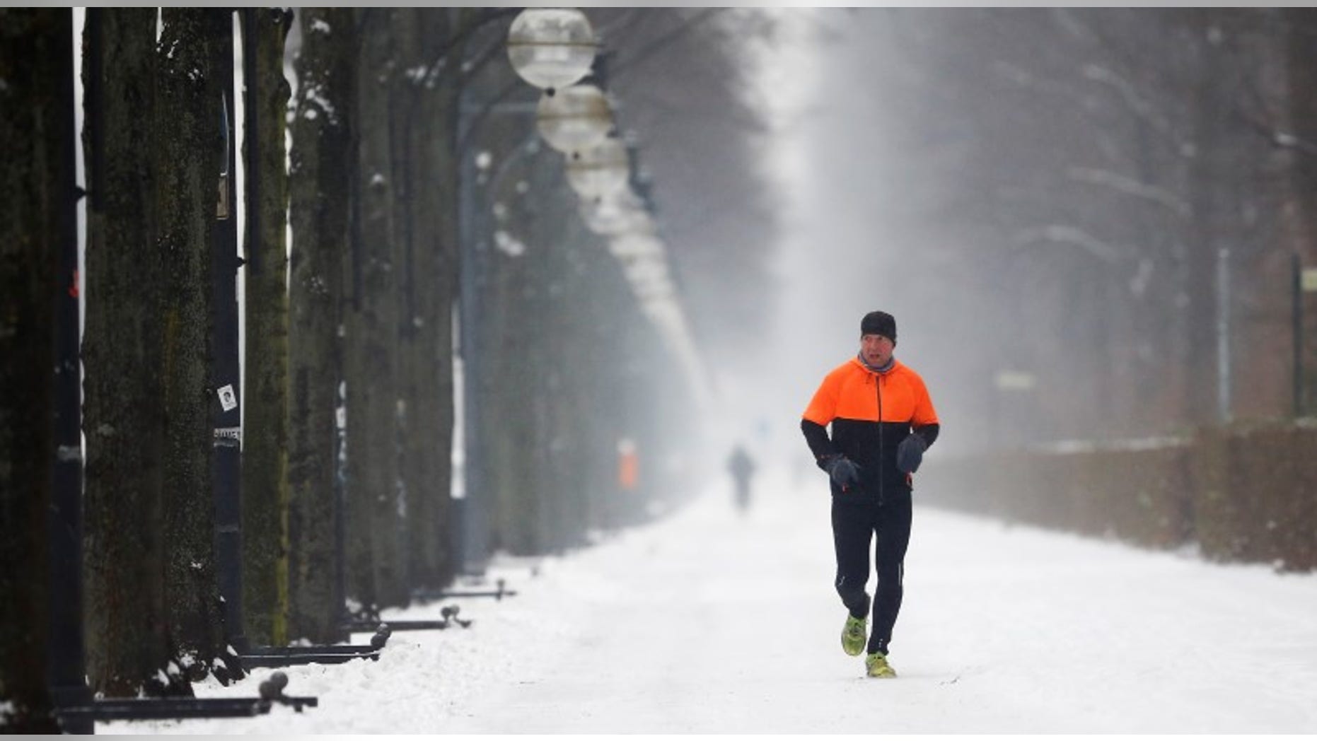 A jogger runs along a snow covered path in Berlin, Germany, January 6, 2016. REUTERS/Hannibal Hanschke