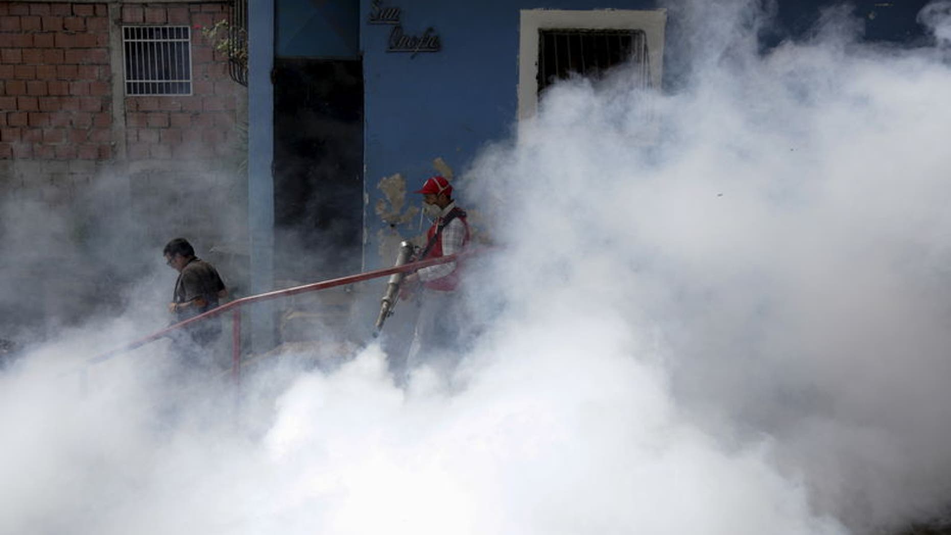 A Venezuelan health worker fumigates the Valle slum to help control the spread of the mosquito-borne Zika virus in Caracas, January 28, 2016. REUTERS/Marco Bello