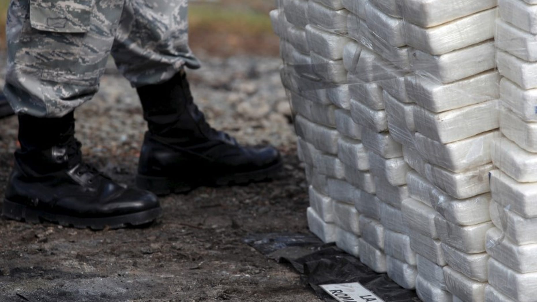 An army personnel stands guard while confiscated drugs burn inside a military base in Santo Domingo