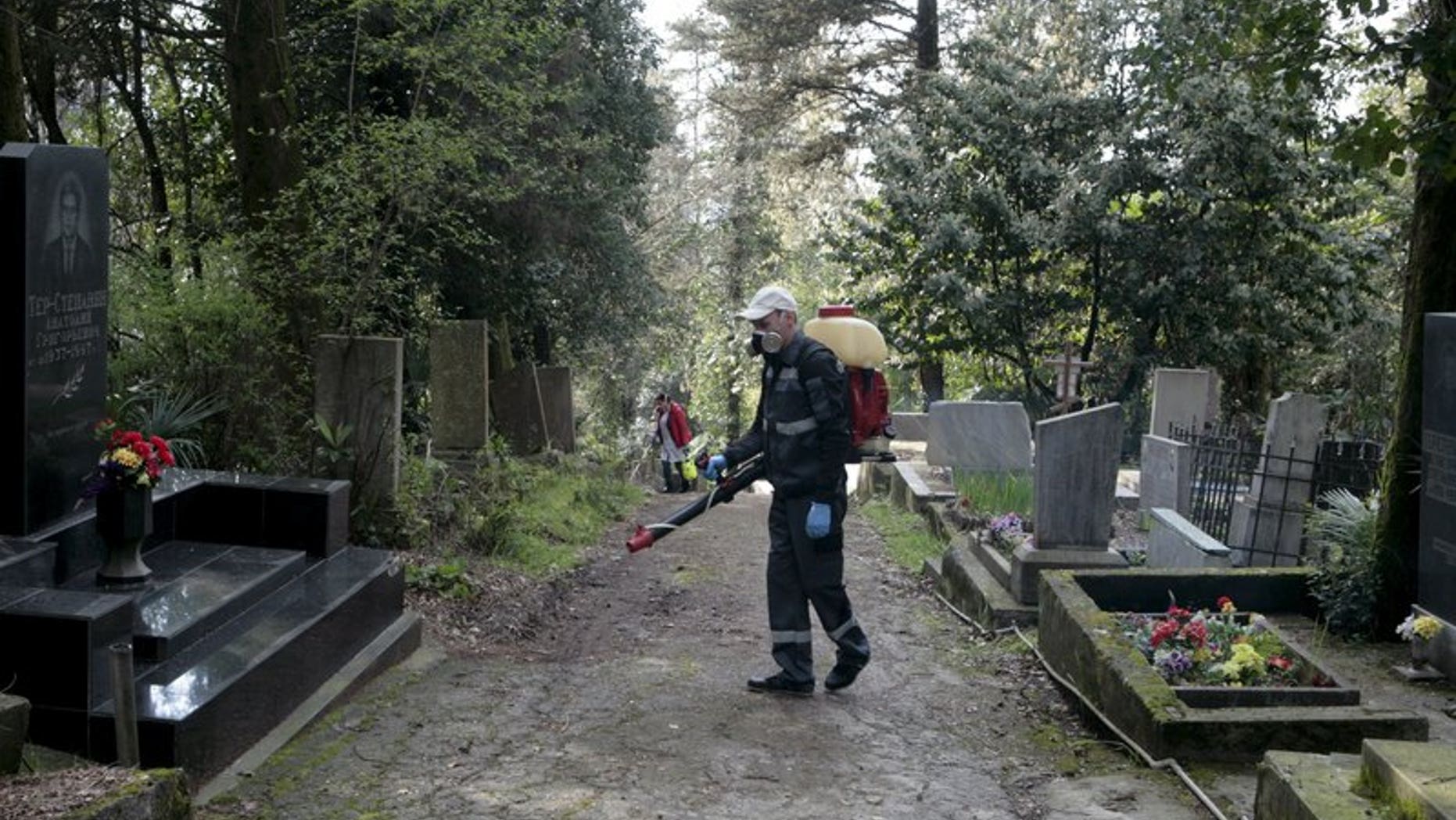 Workers fumigate against mosquito breeding as part of preventive measures against the Zika virus and other mosquito-borne diseases at the cemetery in Sochi
