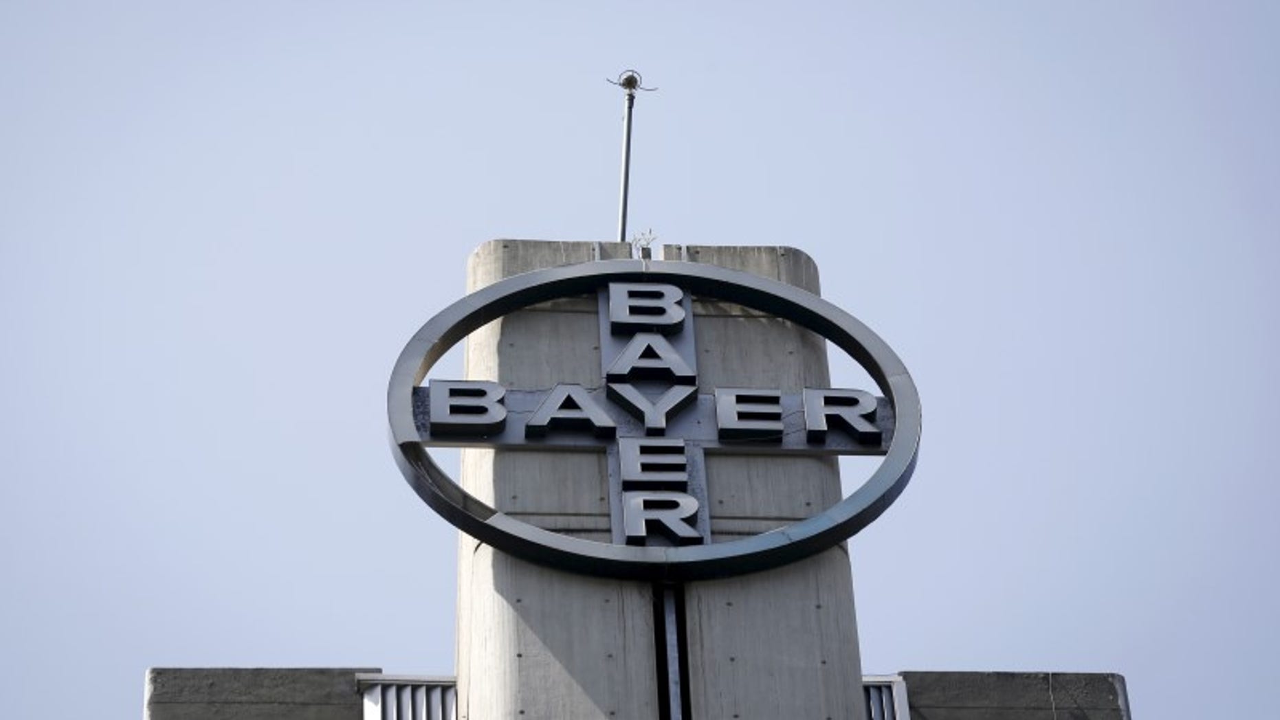 The corporate logo of Bayer is seen at the headquarters building in Caracas