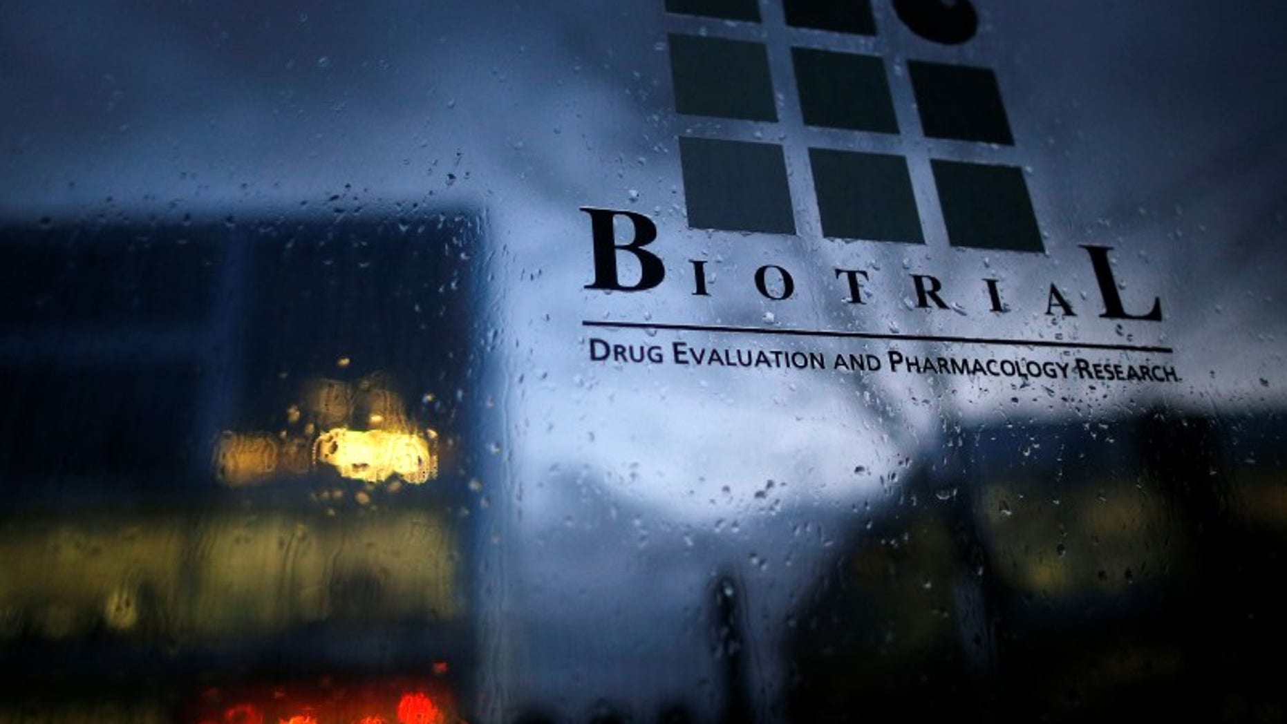 A logo is seen on a sign in front of the entrance of the Biotrial laboratory building in Rennes