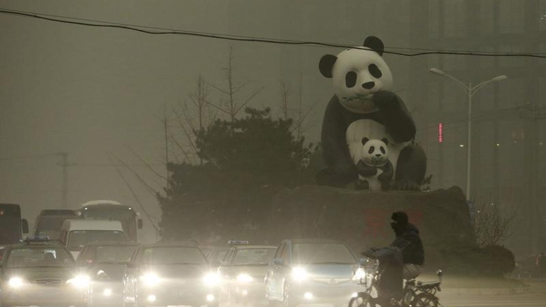 A resident rides an electric bicycle across a street amid heavy smog as vehicles wait for a traffic light next to a statue of pandas, a landmark of the Wangjing area in Beijing