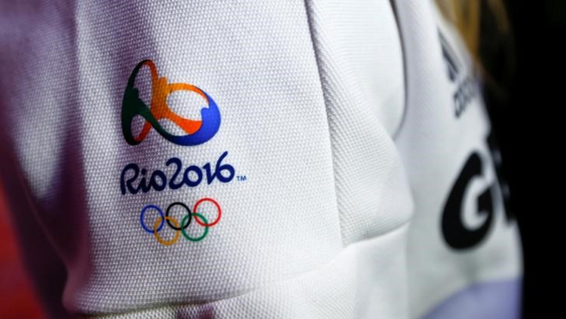 The logo of the Rio 2016 Olympic Summer Games is pictured during Germany's presentation of the official Olympic uniforms in Duesseldorf
