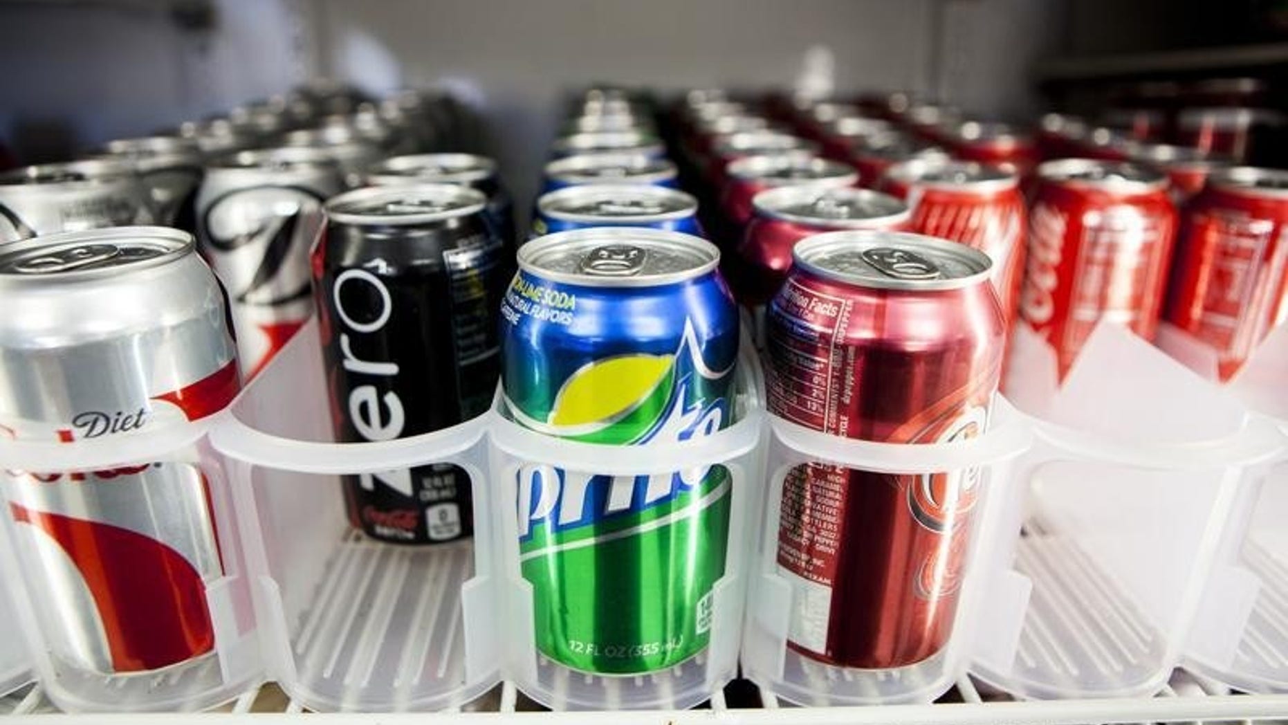 Cans of soda are displayed at Kwik Stops Liquor in San Diego