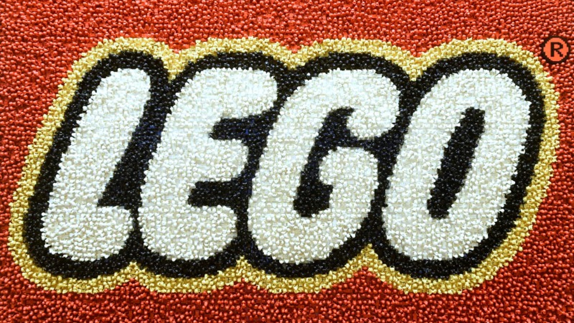 A Lego logo adorns a wall at the headquarters of the Danish toy company during the annual news conference in Billund