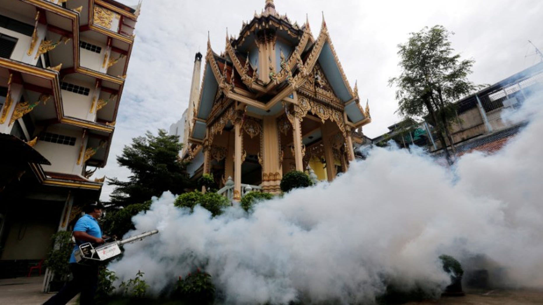 A city worker fumigates area to control the spread of mosquitoes at a temple in Bangkok