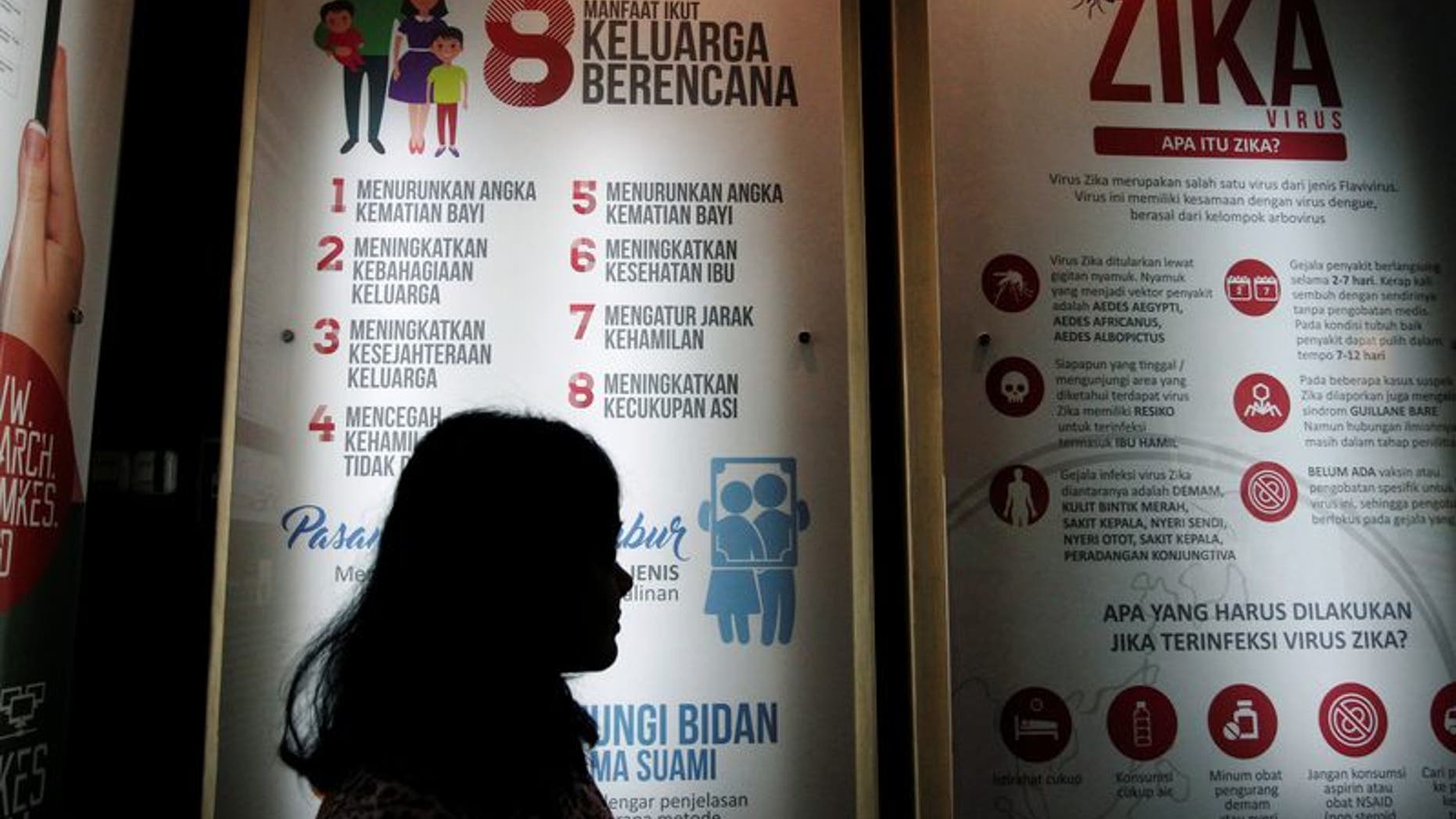 A woman stands near a poster explaining about the Zika virus at the Ministry of Health office in Jakarta
