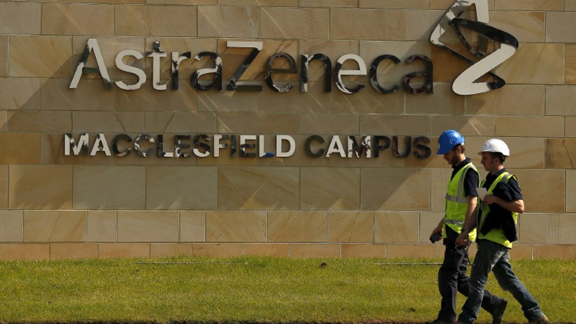 A sign is seen at an AstraZeneca site in Macclesfield