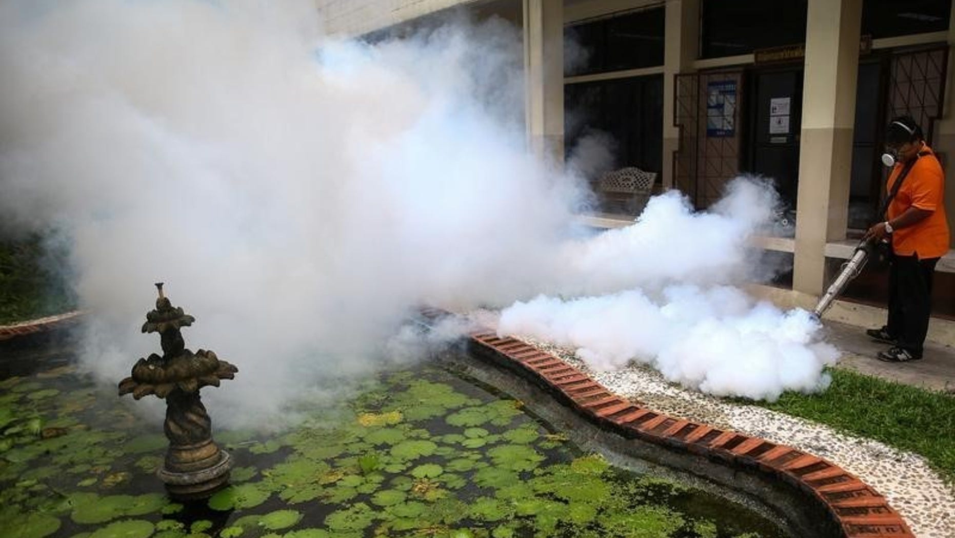 A city worker fumigates the area to control the spread of mosquitoes at a university in Bangkok