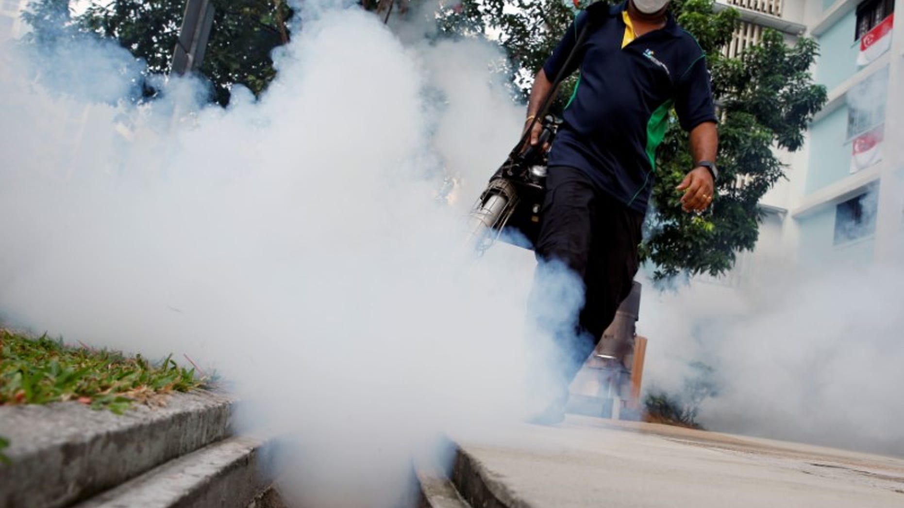 File picture of a worker fogging the common area of a public housing estate at a new Zika cluster in Singapore