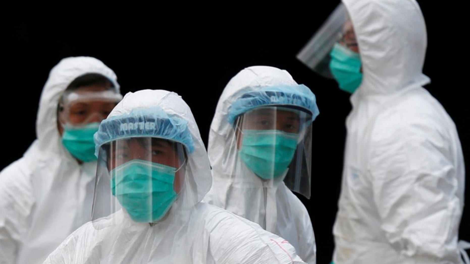 Health officers in protective clothing cull poultry at a wholesale market in Hong Kong