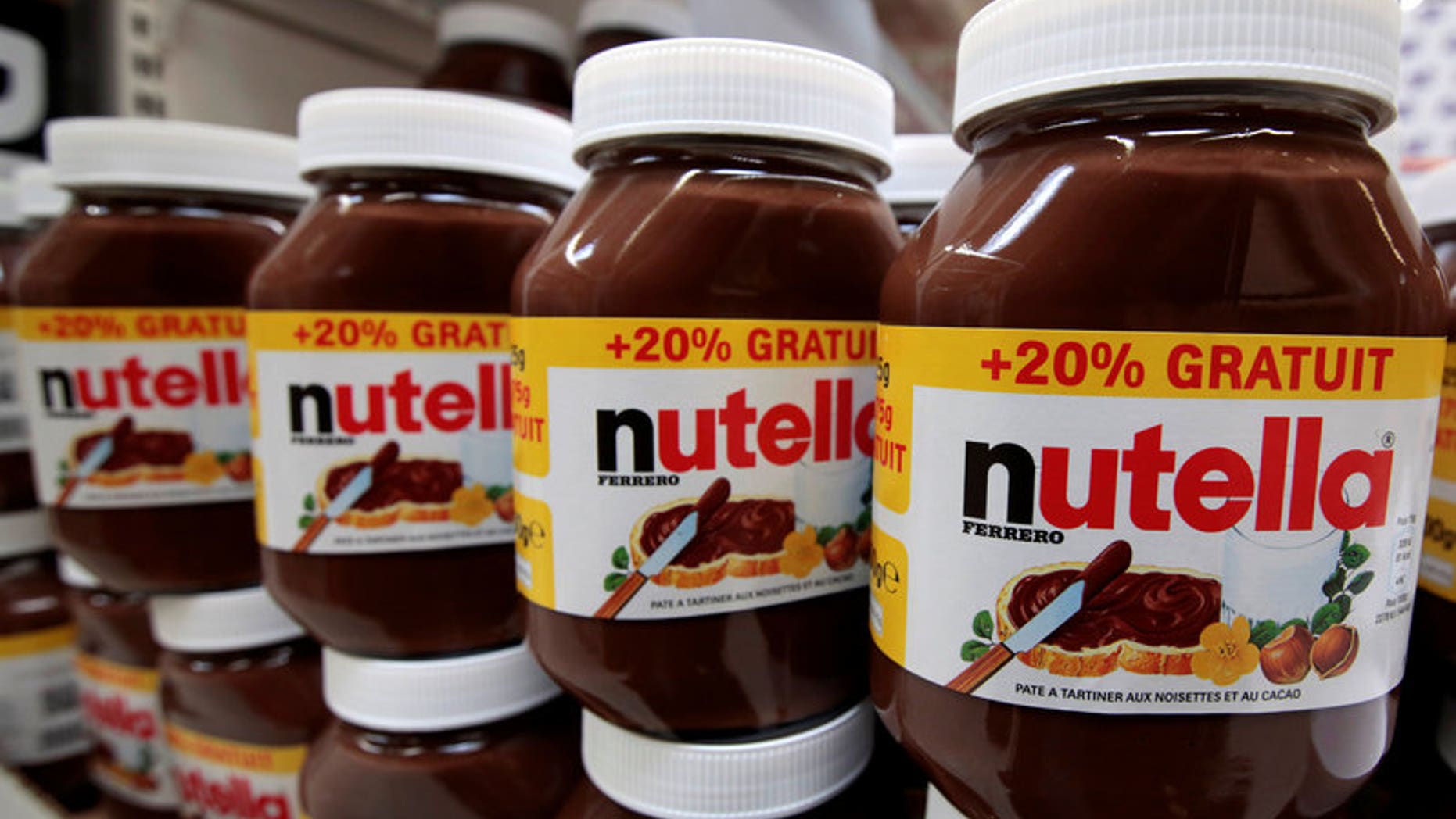 FILE PHOTO: Jars of Nutella chocolate-hazelnut paste are displayed at a Carrefour hypermarket in Nice