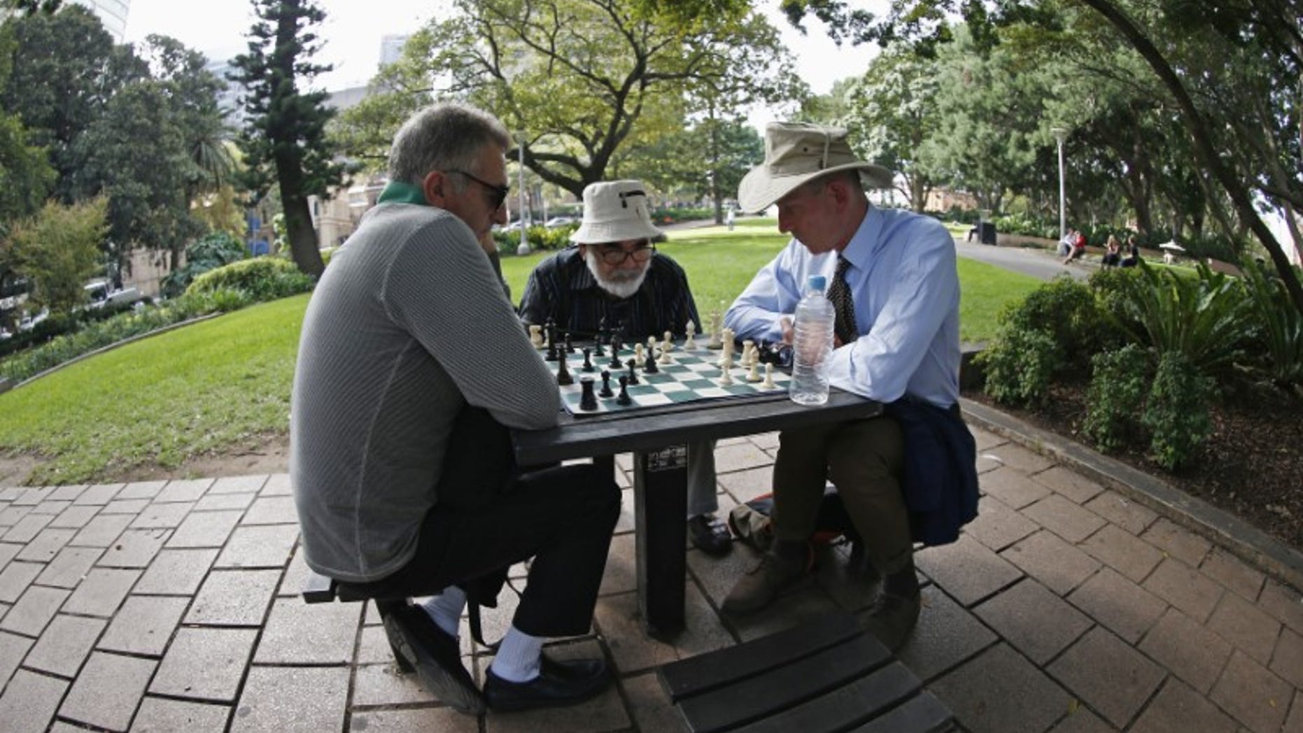 Men play chess at Hyde Park in central Sydney