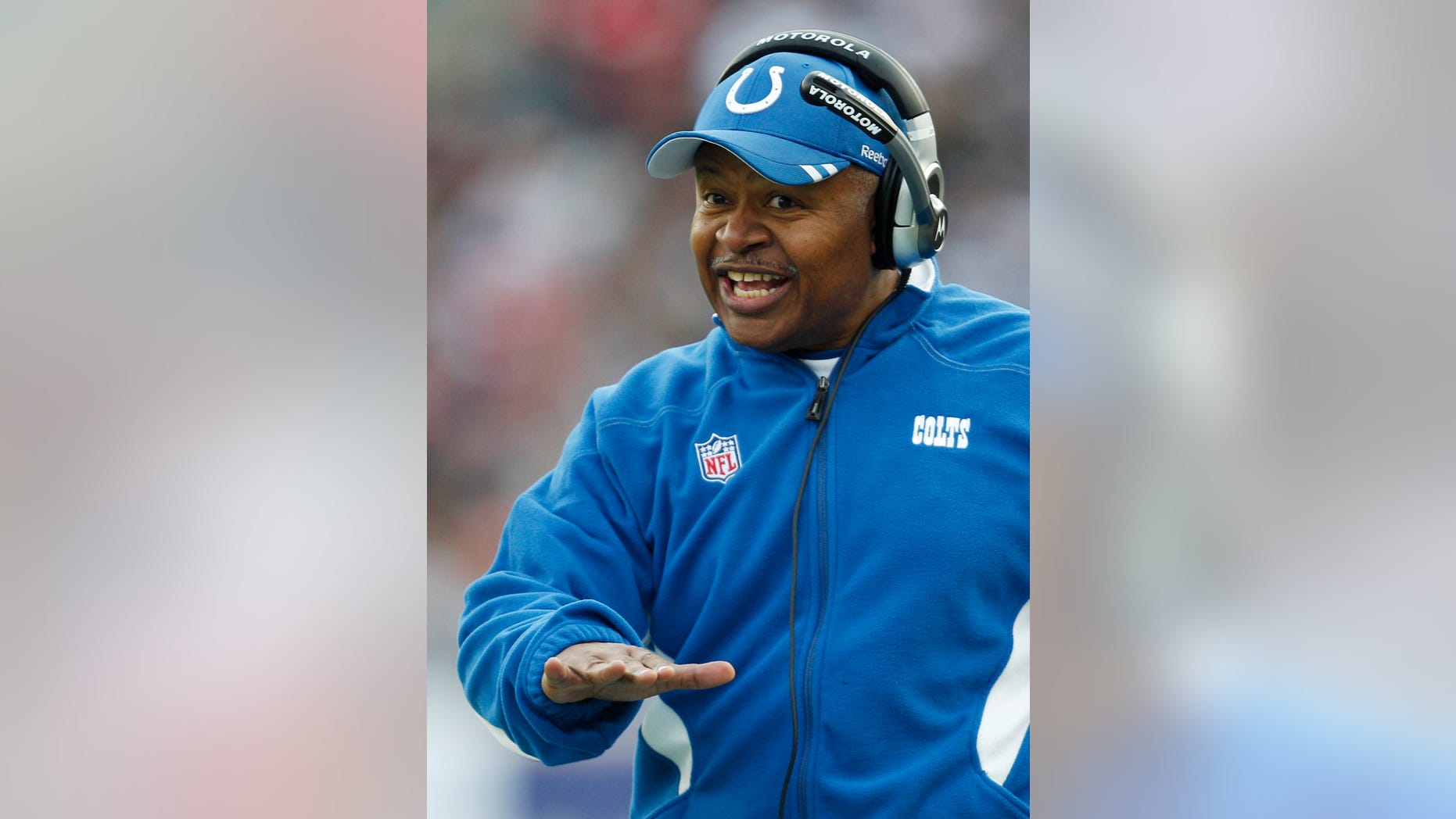 In this Dec. 4, 2011, photo, then-Indianapolis Colts coach Jim Caldwell gestures during the Colts' NFL football game against the New England Patriots in Foxborough, Mass. The Detroit Lions have hired Caldwell as coach. The team confirmed the move Tuesday, Jan. 14, 2014, and has scheduled a news conference at Ford Field on Wednesday. (AP Photo/Charles Krupa)