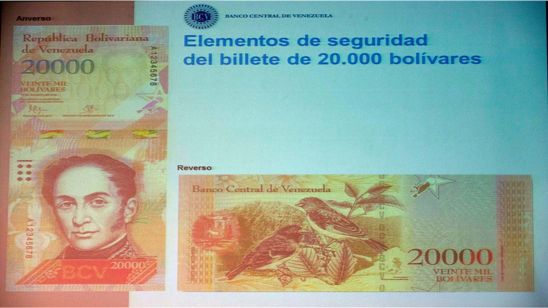 The front and back of the newly issued 20,000 bolivars displayed during a news conference in Caracas, Venezuela.