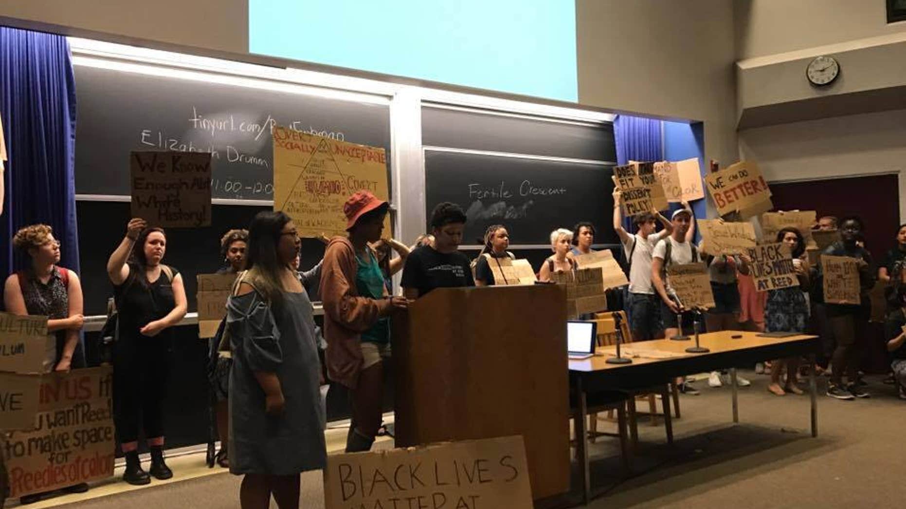 Reed College protesters shut down a "Eurocentric" humanities lecture on Aug. 28, 2017.