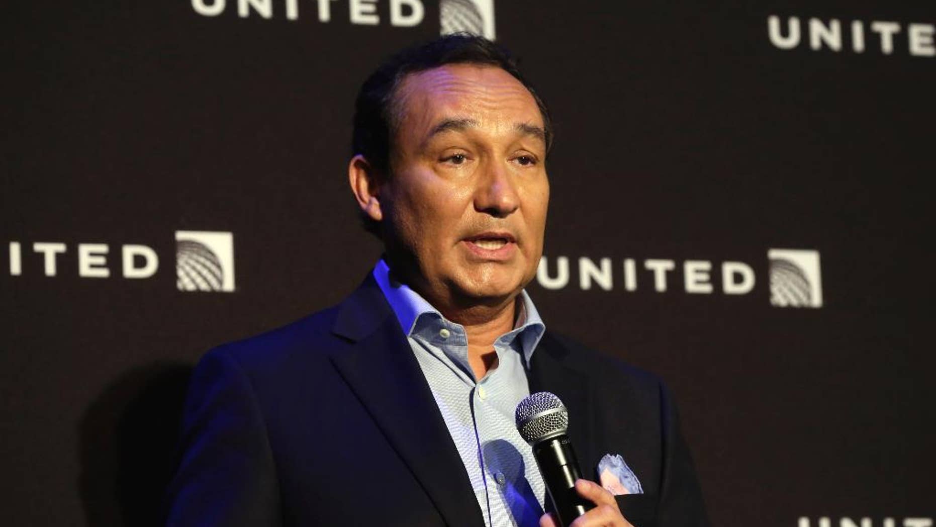 FILE - In this Thursday, June 2, 2016 file photo, United Airlines CEO Oscar Munoz delivers remarks in New York. United Airlines said Friday, April 21, 2017, that its CEO Munoz won't add the title of chairman in 2018 as planned, as fallout continues from the violent removal of a passenger from a plane this month. (AP Photo/Richard Drew, File)