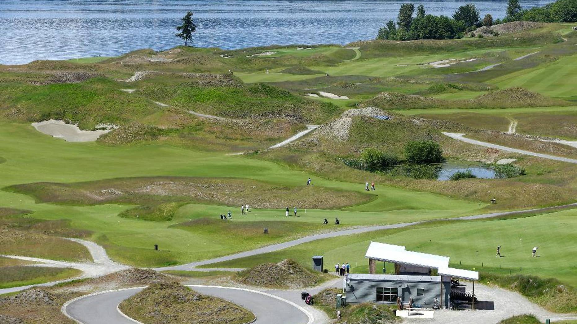FILE - In this May 20, 2014, file photo, the Chambers Bay Golf Course, including the signature lone tree, is seen from the clubhouse in University Place, Wash. The U.S. Open comes to Chambers Bay in seven weeks, the first time the major is played in the Pacific Northwest. (AP Photo/Ted S. Warren, File)