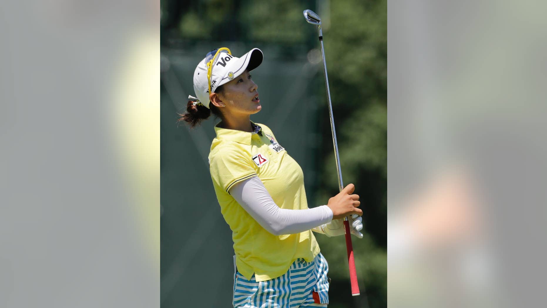 Chella Choi watches her tee shot on the 12th hole during the third round of the U.S. Women's Open golf tournament at Lancaster Country Club, Saturday, July 11, 2015 in Lancaster, Pa. (AP Photo/Frank Franklin II)