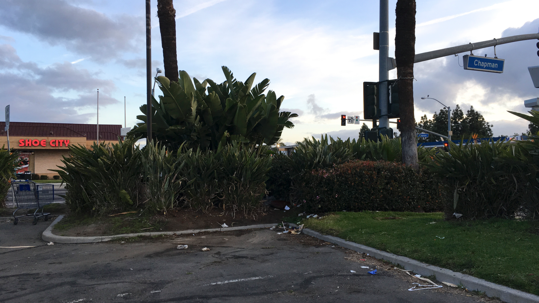 Photo shows the corner parking spot where a van containing the bodies of two adults and two children was found Thursday night in Garden Grove, in Southern California.