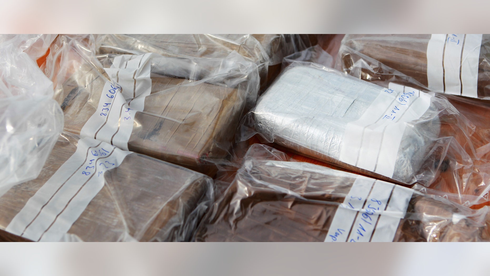 HAMBURG, GERMANY - MARCH 07: Packages containing confiscated cocaine are seen at a press conference on March 4, 2012 in Hamburg, Germany. Agents seized 260 kg of cocaine aboard the 'Tasman Mermaid', a ship that originated from Ecuador, after searching the vessel upon its arrival in Hamburg port in November, 2011. (Photo by Joern Pollex/Getty Images)