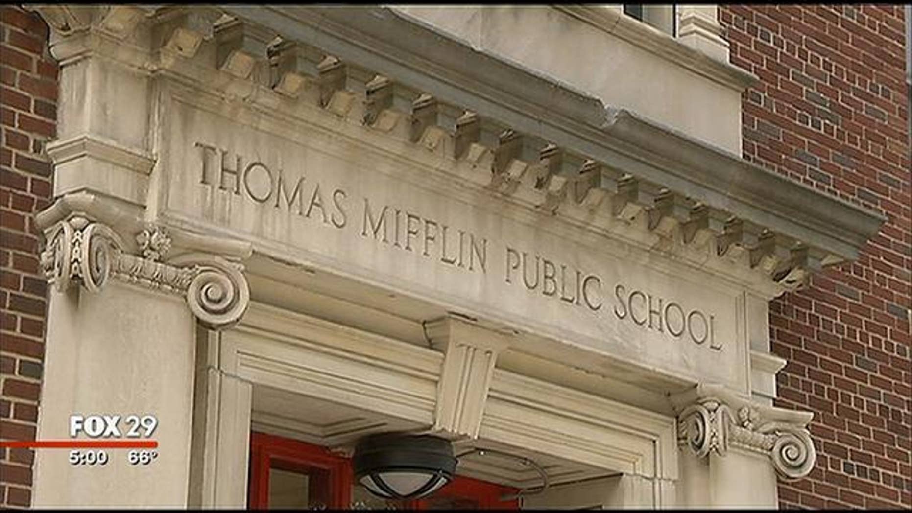 October 8, 2013: The front of the Thomas Mifflin School in Philadelphia, where police say a 4-year-old brought 8 bags of crack cocaine to class Monday morning (MyFoxPhilly.com)