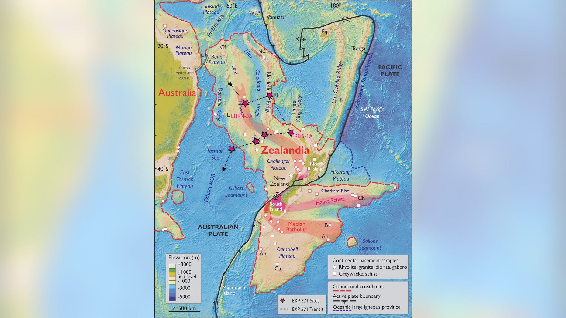 A map of Zealandia. Scientists aboard the Joides Resolution will visit six sites on this lost continent to take core samples later this summer.