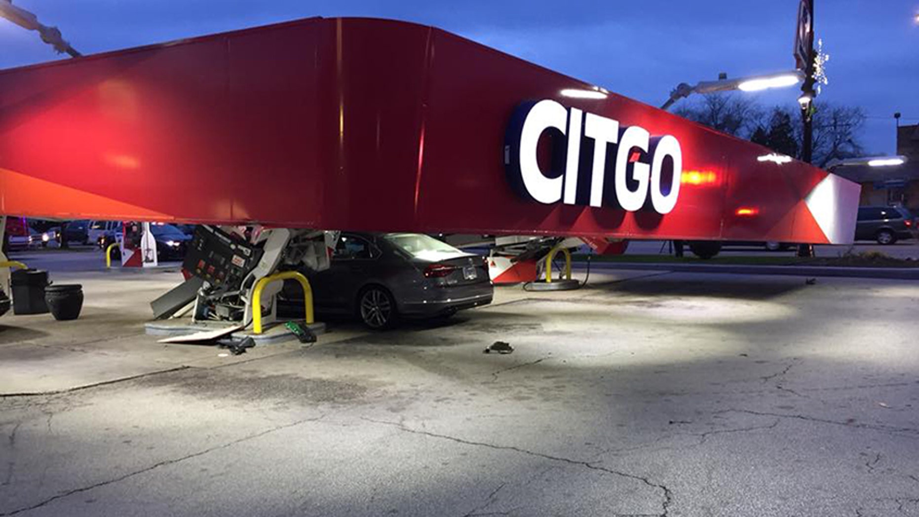 A Citgo gas station canopy collapsed due to strong winds.