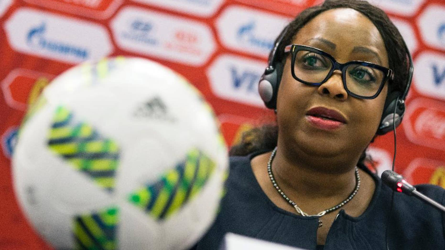 FILE - This is a Tuesday, July 5, 2016 file photo of FIFA Secretary General Fatma Samoura as she speaks during a news conference in Moscow, Russia. Samoura insisted Monday Sept. 26, 2016 that the fight against racism is being taken "very seriously" despite the governing body's task force overseeing discrimination being abolished. (AP Photo/Pavel Golovkin, File)