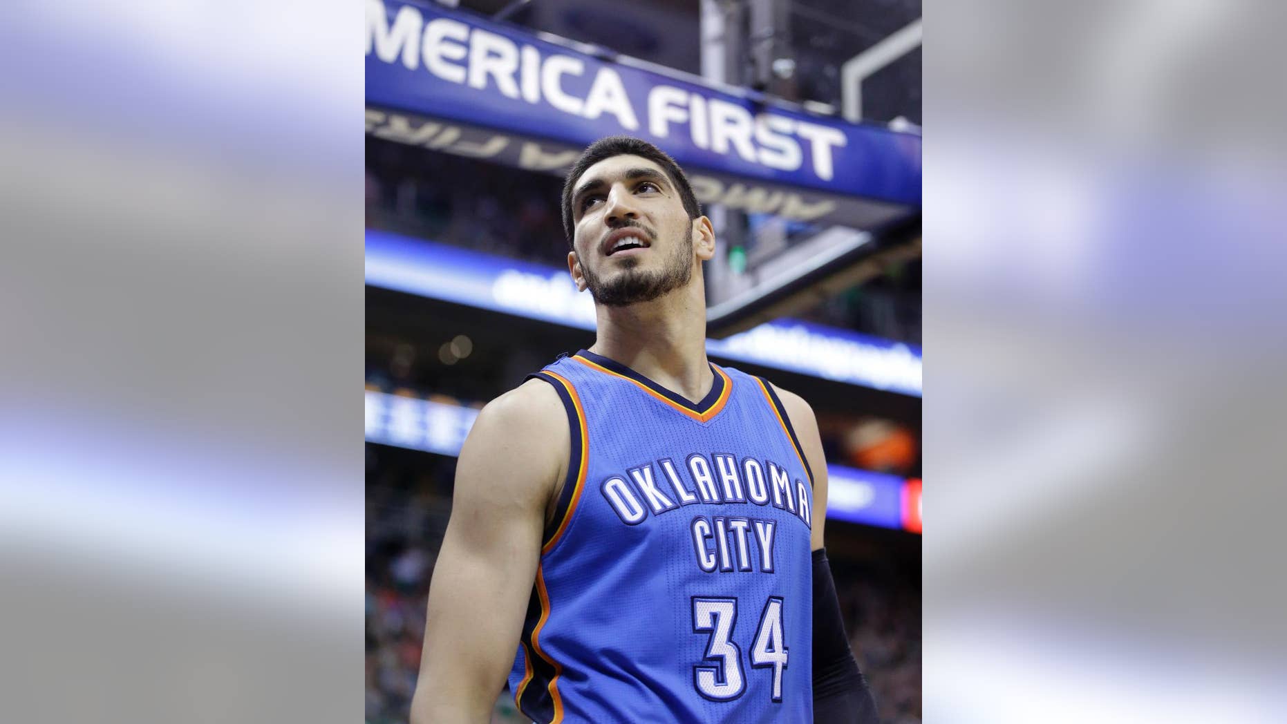 Oklahoma City Thunder center Enes Kanter looks on during a game against the Utah Jazz.