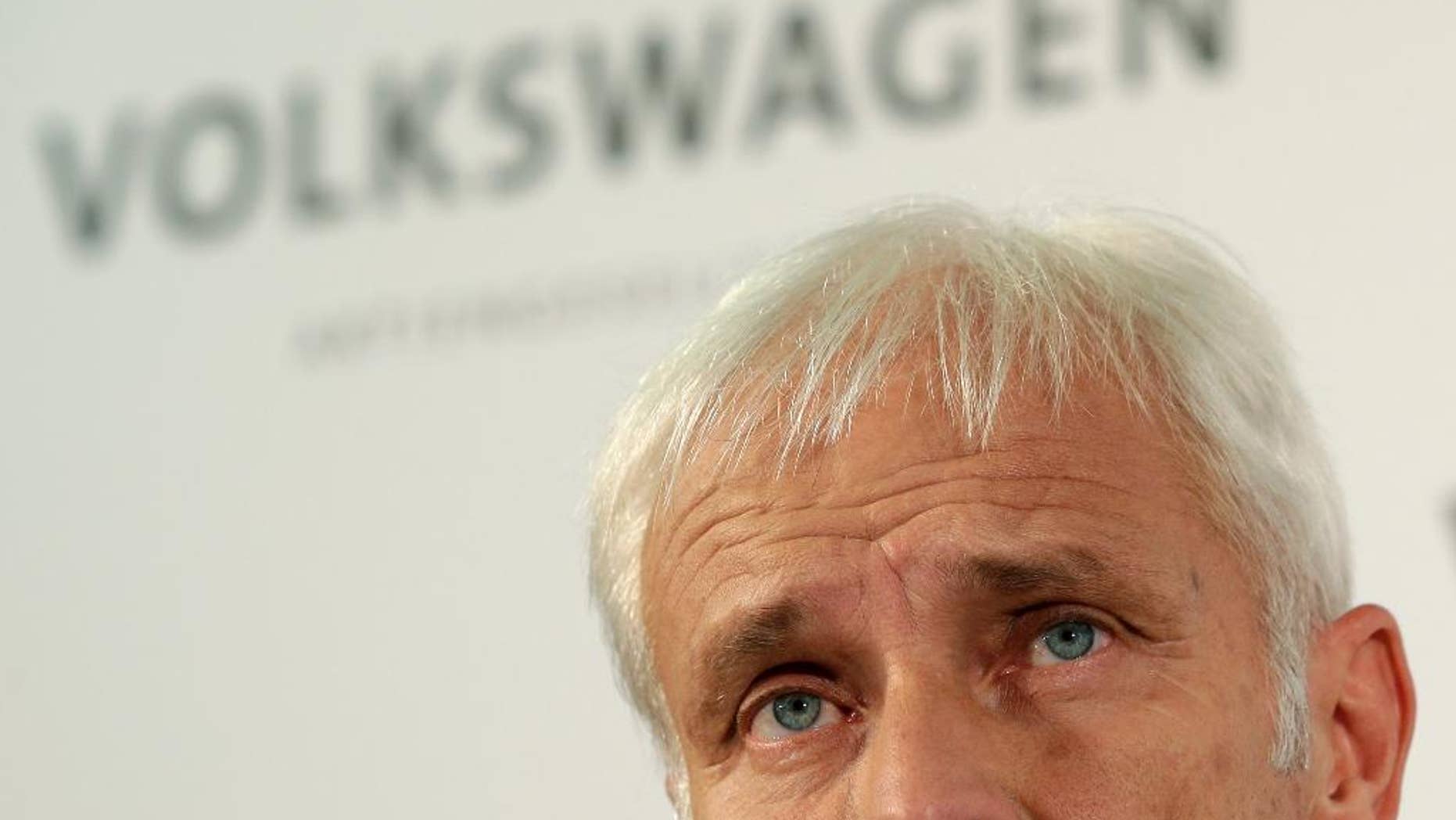 Newly appointed Volkswagen CEO Matthias Mueller speaks during a press statement after a meeting of Volkswagen's supervisory board in Wolfsburg, Germany, Friday, Sept. 25, 2015, after CEO Martin Winterkorn resigned on Wednesday amid an emissions scandal. (AP Photo/Michael Sohn)